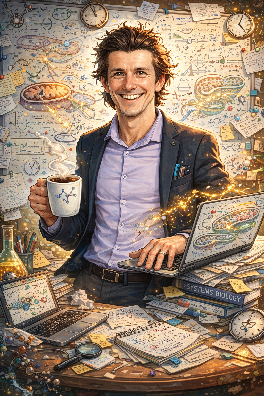 Illustrated portrait of the author working through biological systems models